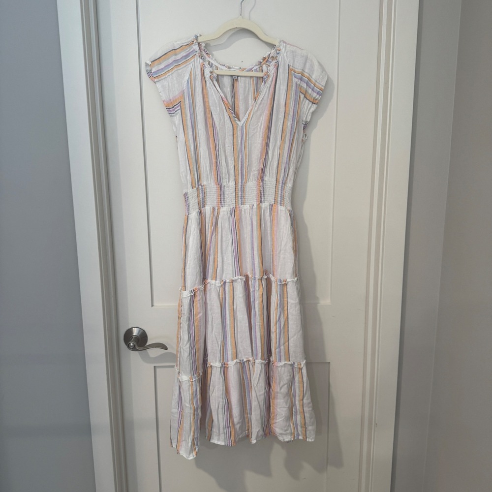 Rails Amellia Merida Stripe Linen Blend Smocked Tiered Midi Dress White Medium